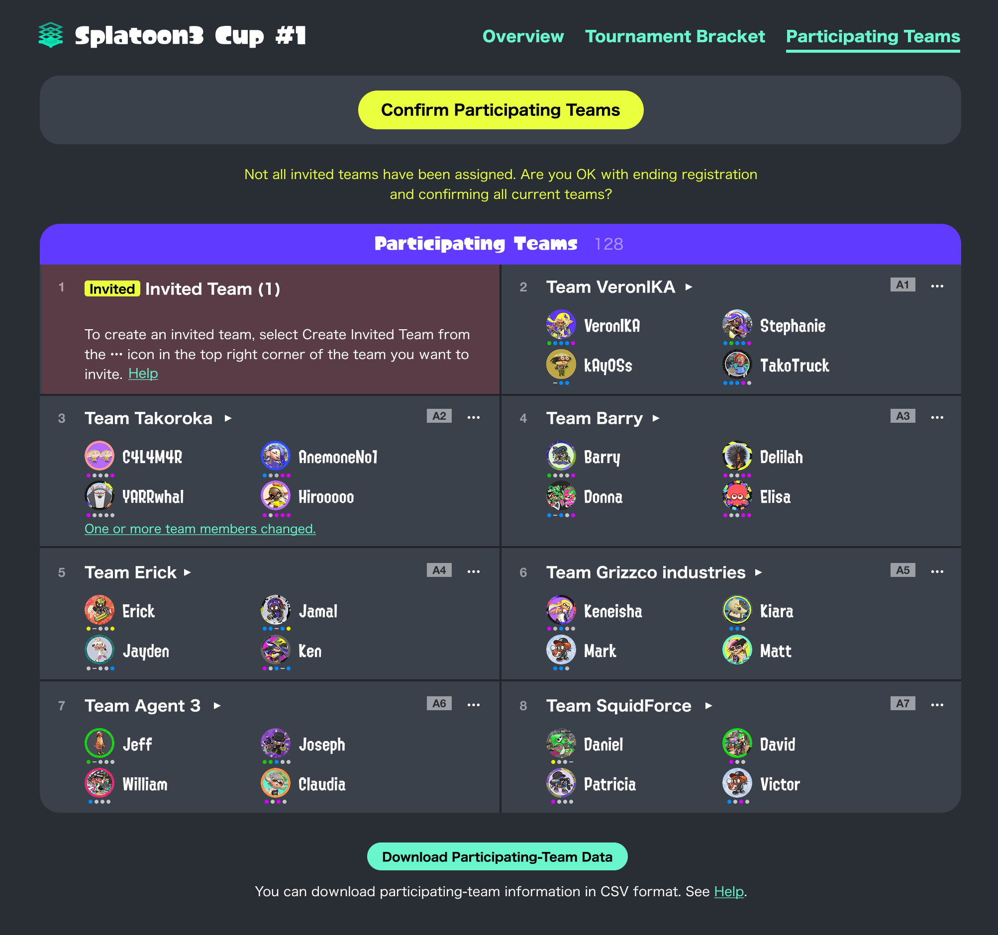 Screenshot of participating-team-list screen.