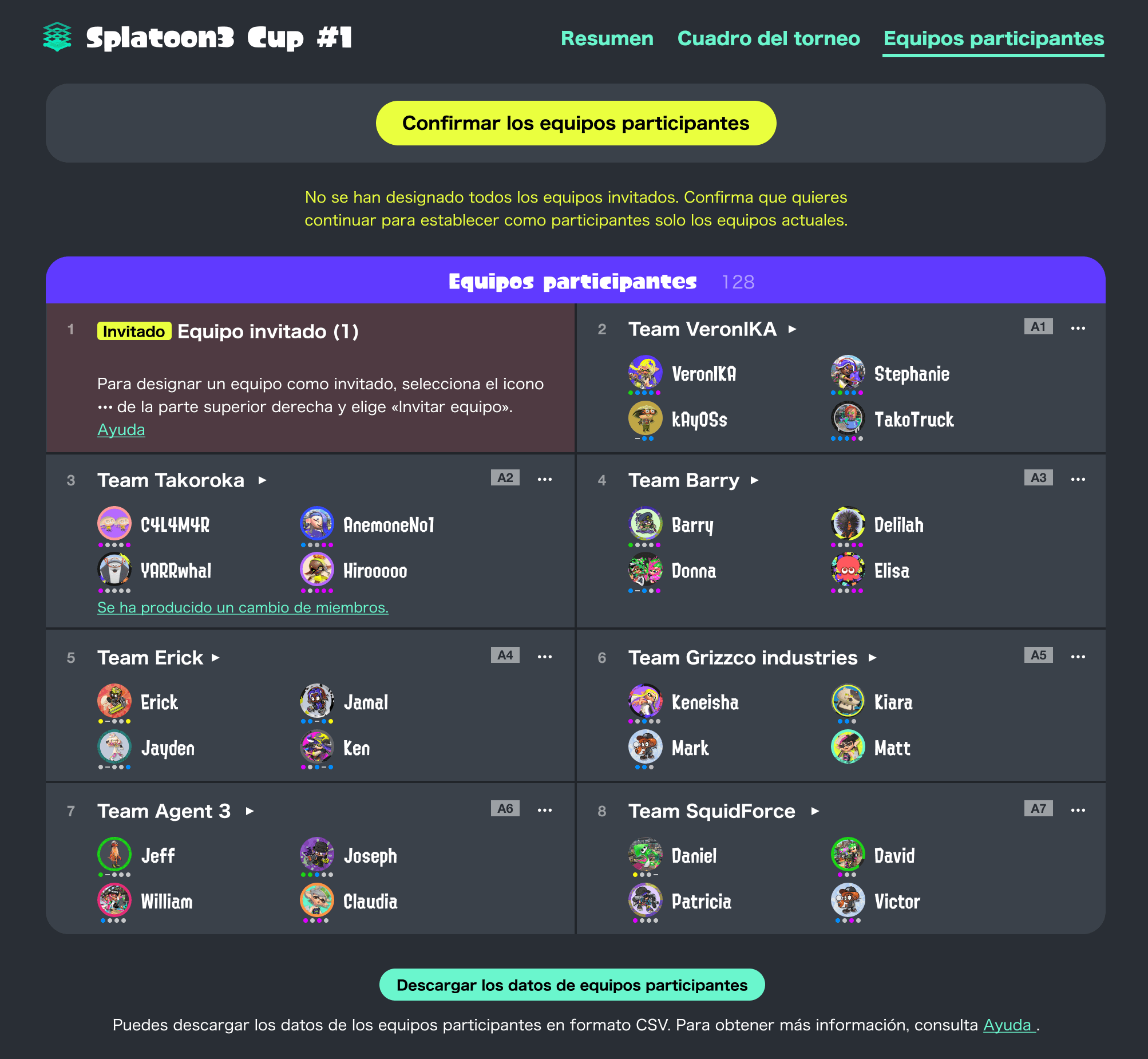 Pantalla de la lista de equipos participantes