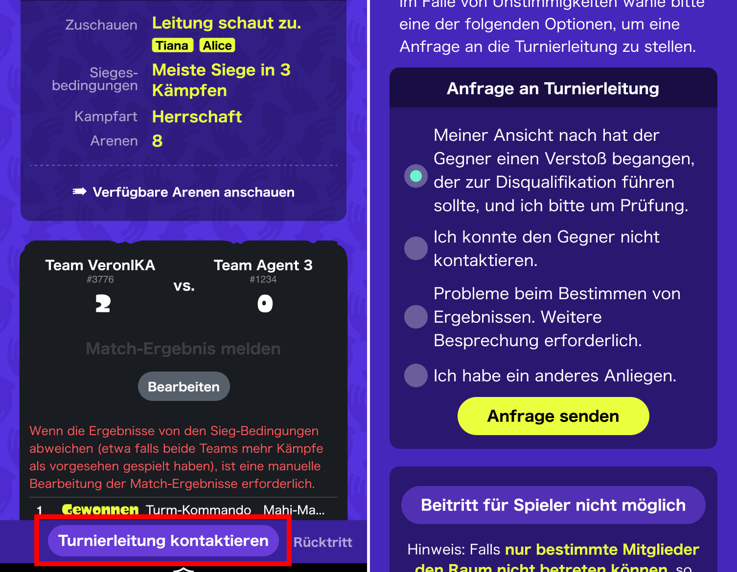 Abbildung: Turnierleitung kontaktieren