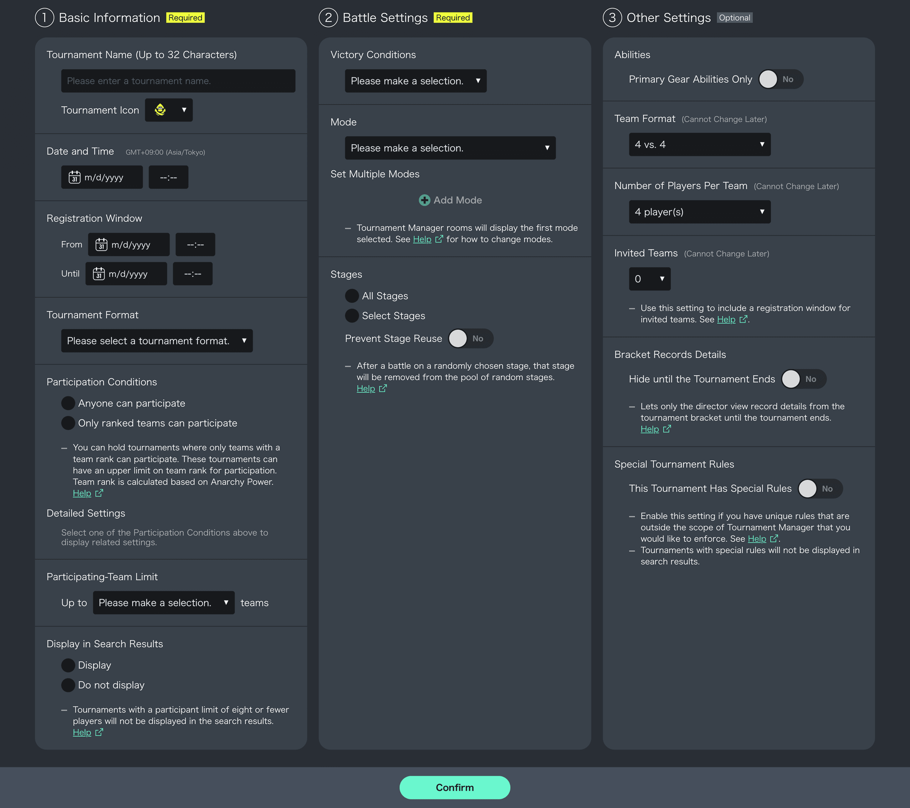 Screenshot of tournament-creation screen.