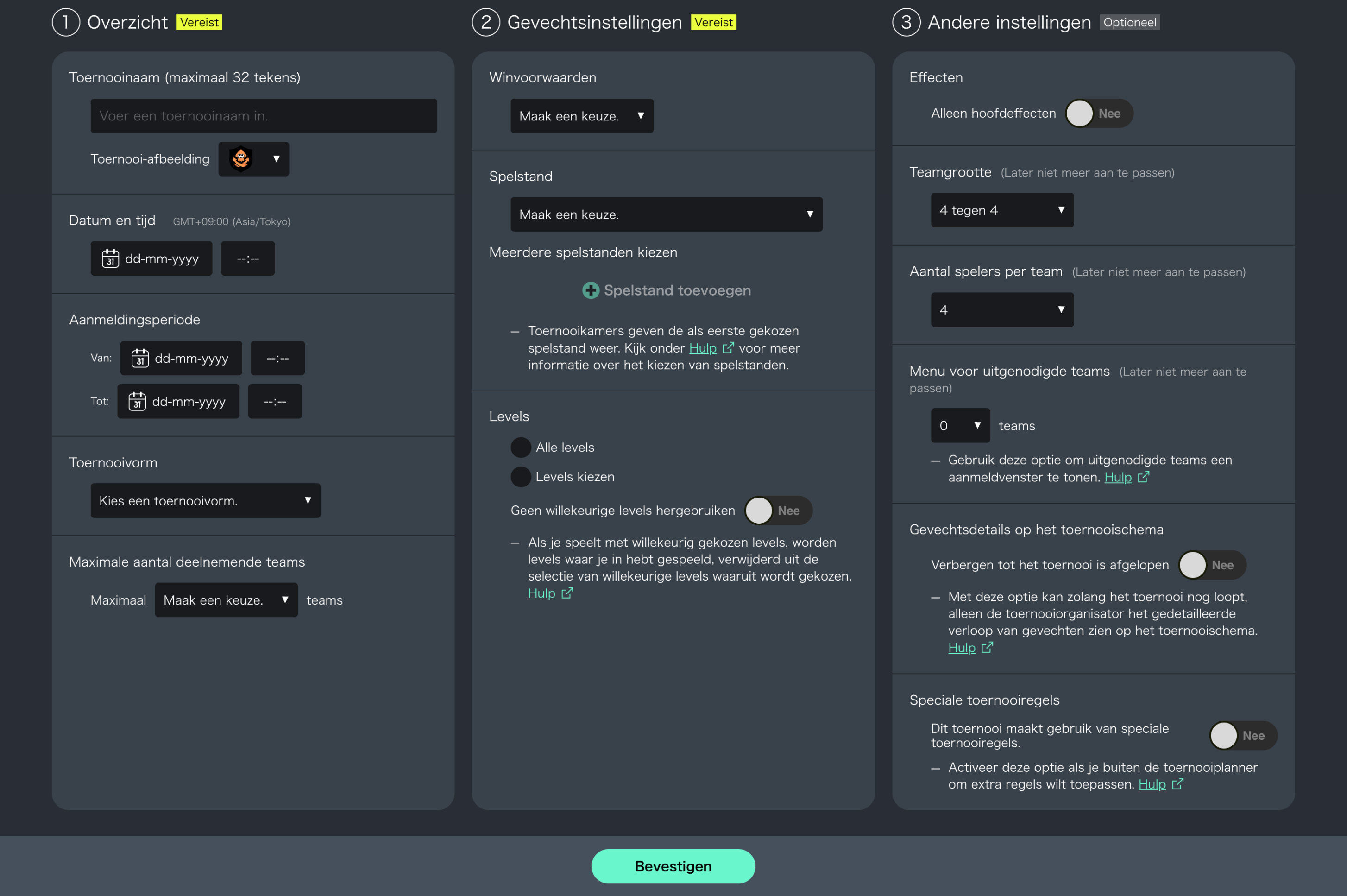 Afbeelding van het toernooimaakscherm.