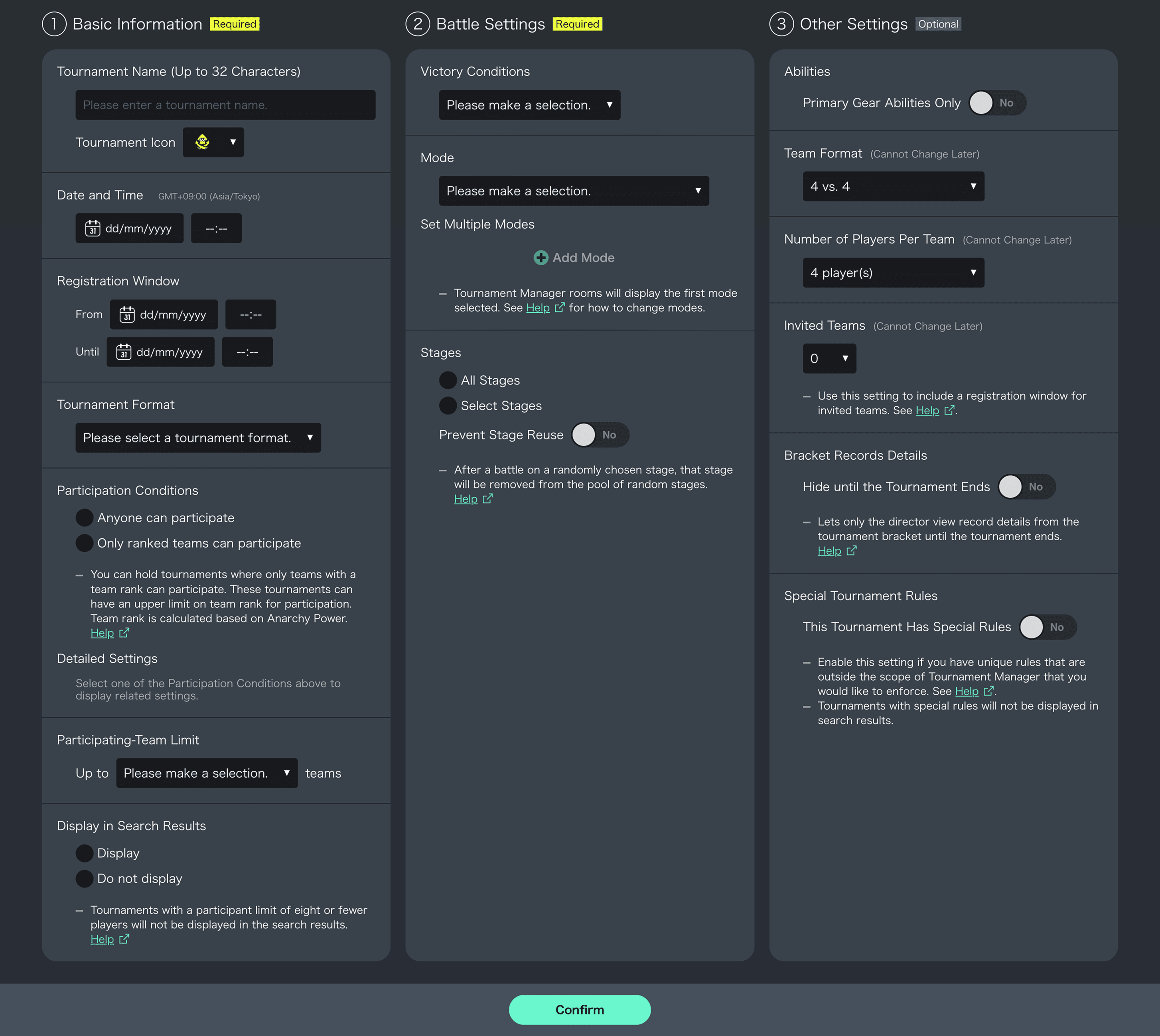 Screenshot of tournament-creation screen.