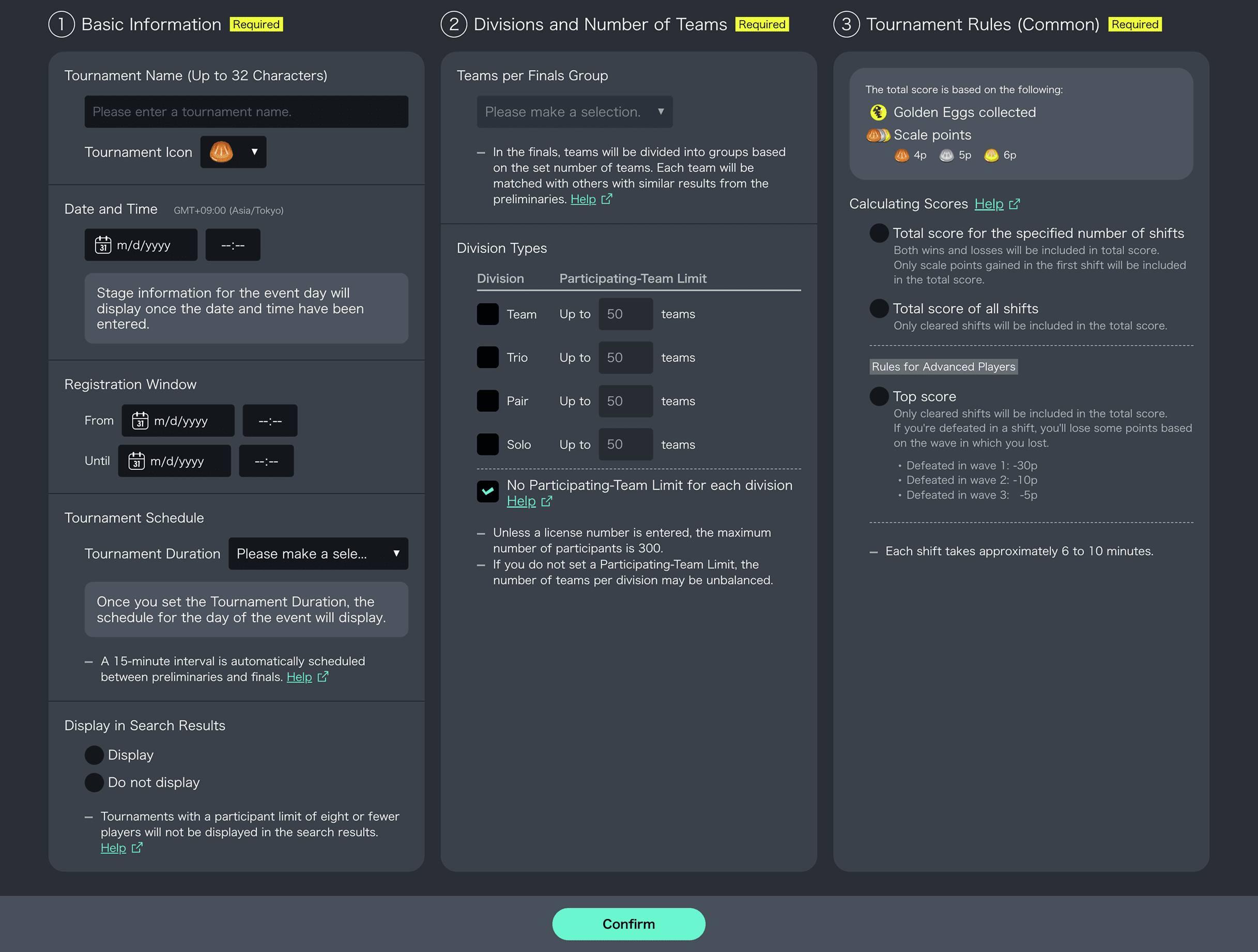 Screenshot of tournament-creation screen.