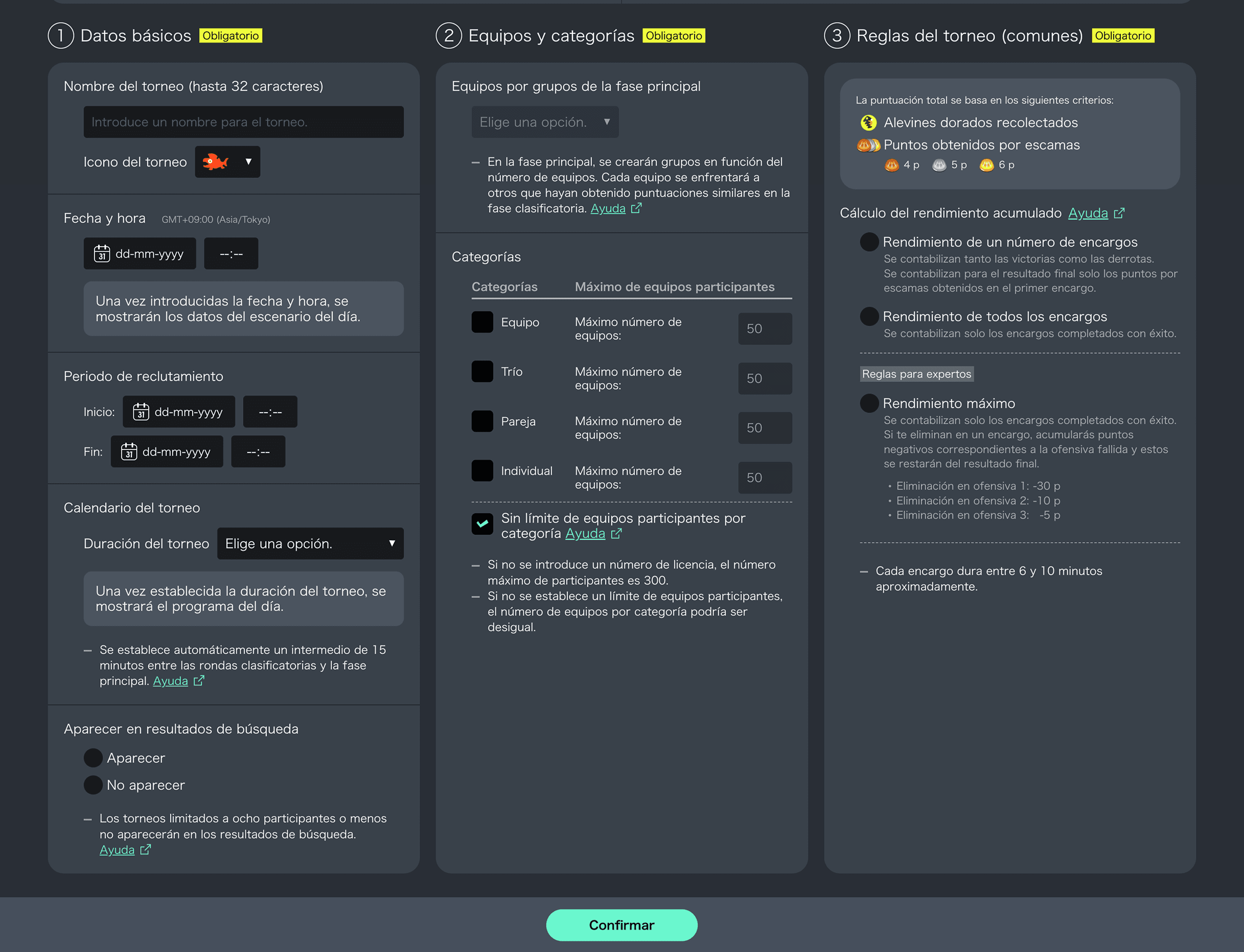 Pantalla de creación de un torneo