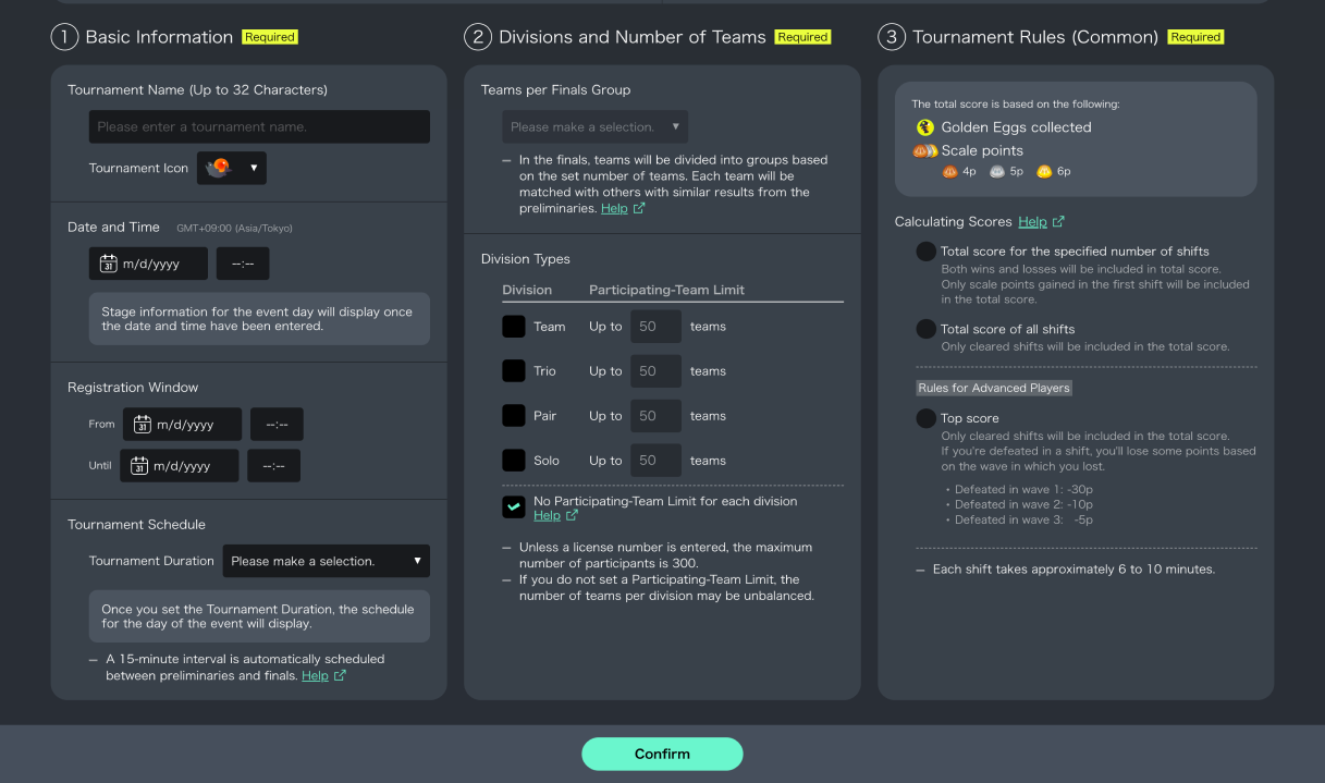 Screenshot of tournament-creation screen.