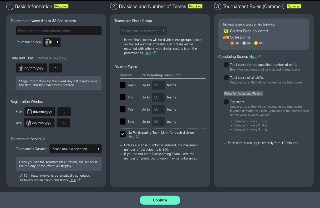 Screenshot of tournament-creation screen.