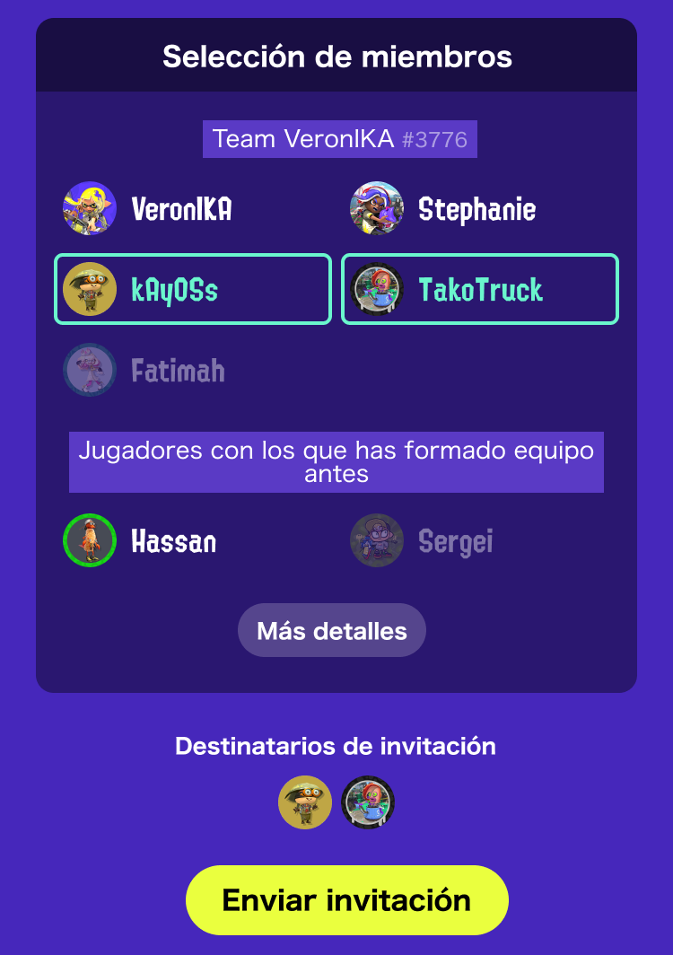 Pantalla de elegir jugadores y enviar la invitación