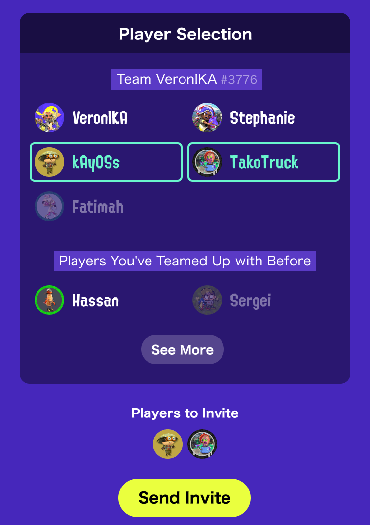 Screenshot of member selection and Send Invite.