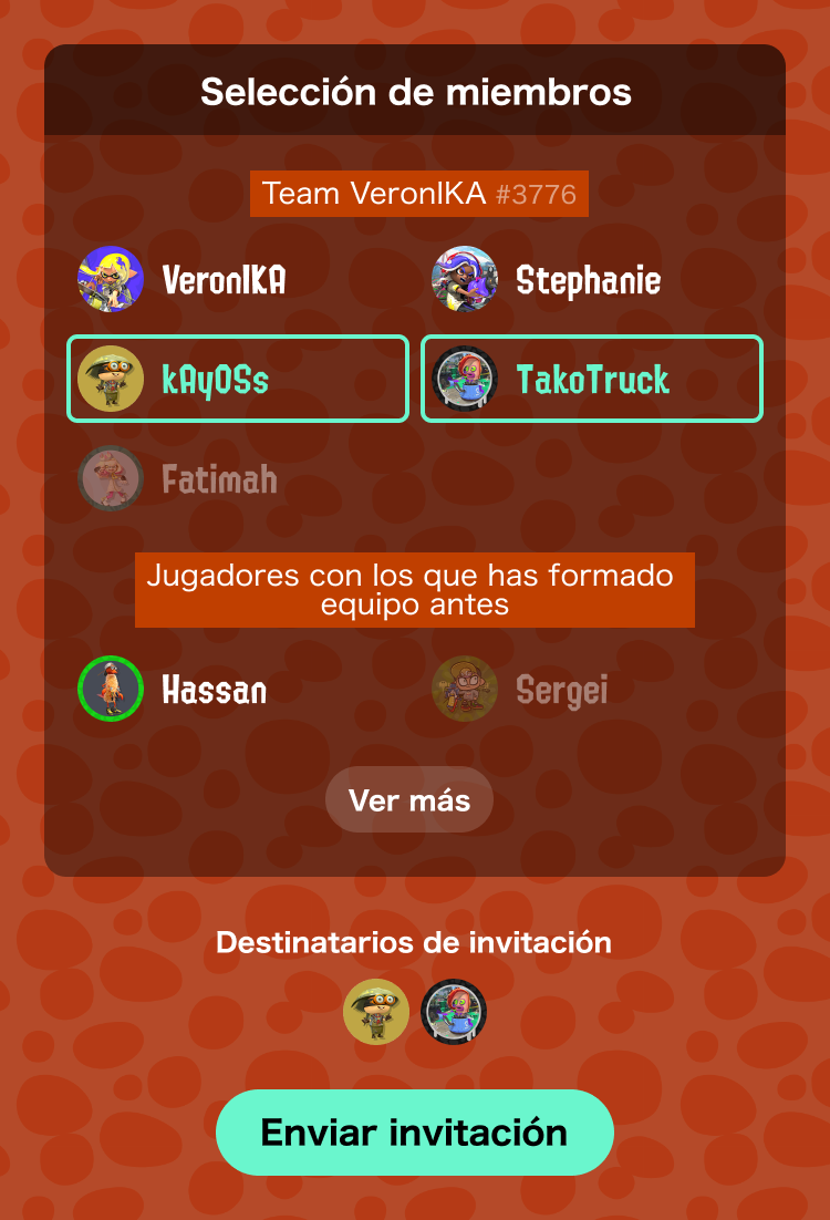 Pantalla de elegir jugadores y enviar la invitación