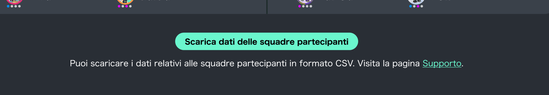 Immagine dello schermo con l'opzione per scaricare i dati delle squadre partecipanti