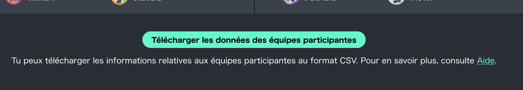 (Écran du bouton de téléchargement des infos sur les équipes)