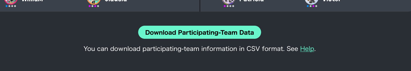 Screenshot of screen with button to download participating teams' data.