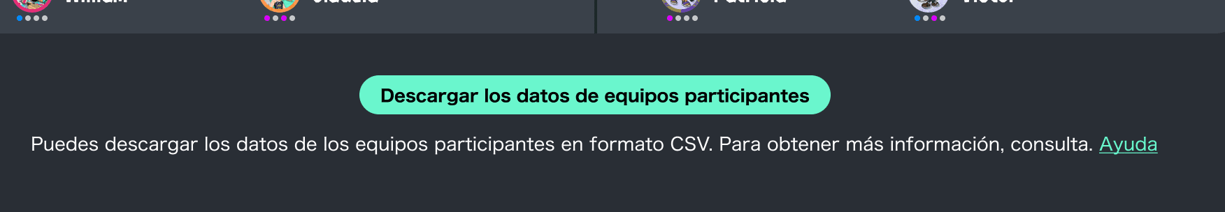 Pantalla del botón para descargar los datos de equipos participantes