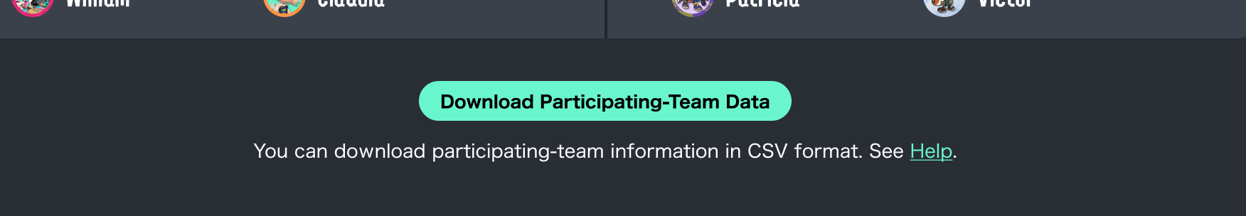 Screenshot of screen with button to download participating teams' data.