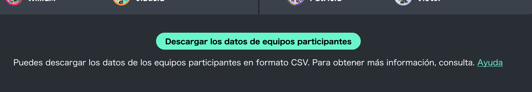 Pantalla del botón para descargar los datos de equipos participantes