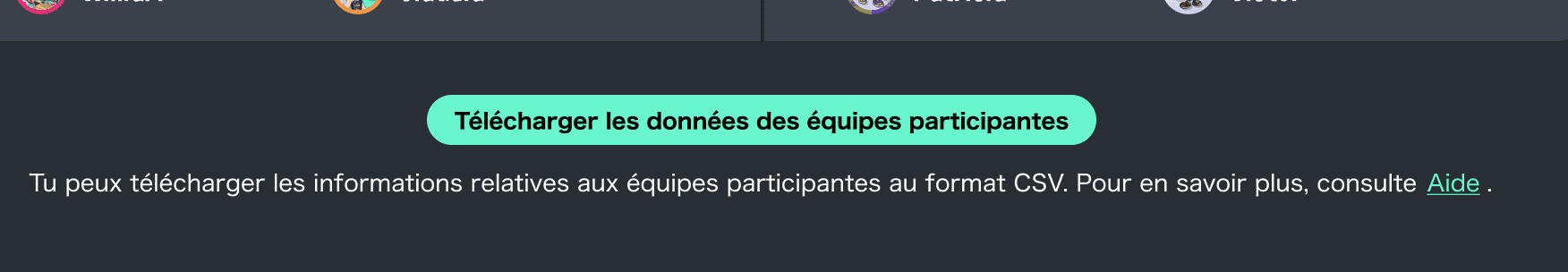 (Écran du bouton de téléchargement des infos sur les équipes)