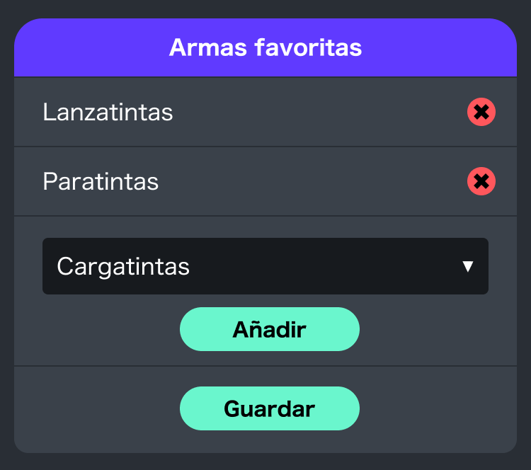 Pantalla de la elección de armas favoritas
