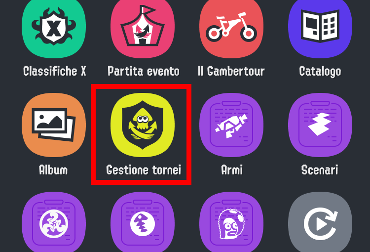 Immagine dell'icona Gestione tornei sullo schermo iniziale di SplatNet 3