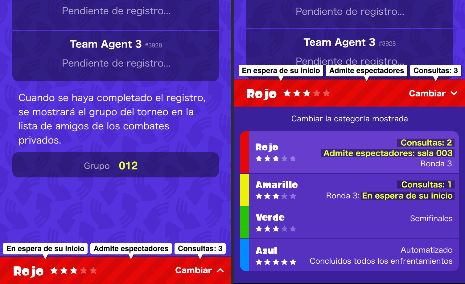 Pantalla de un torneo con varias categorías