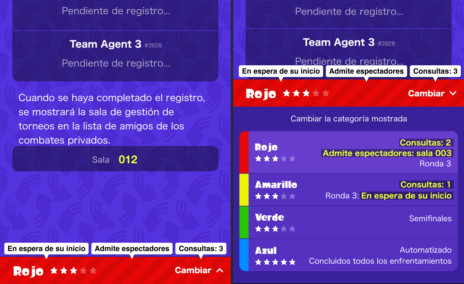 Pantalla de un torneo con varias categorías