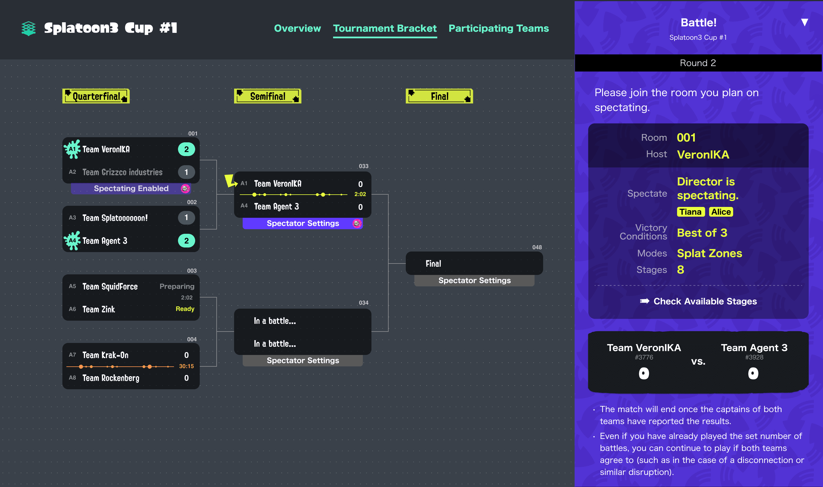 Screenshot of the tournament bracket (left side) and Navigation (right side) on a web browser.