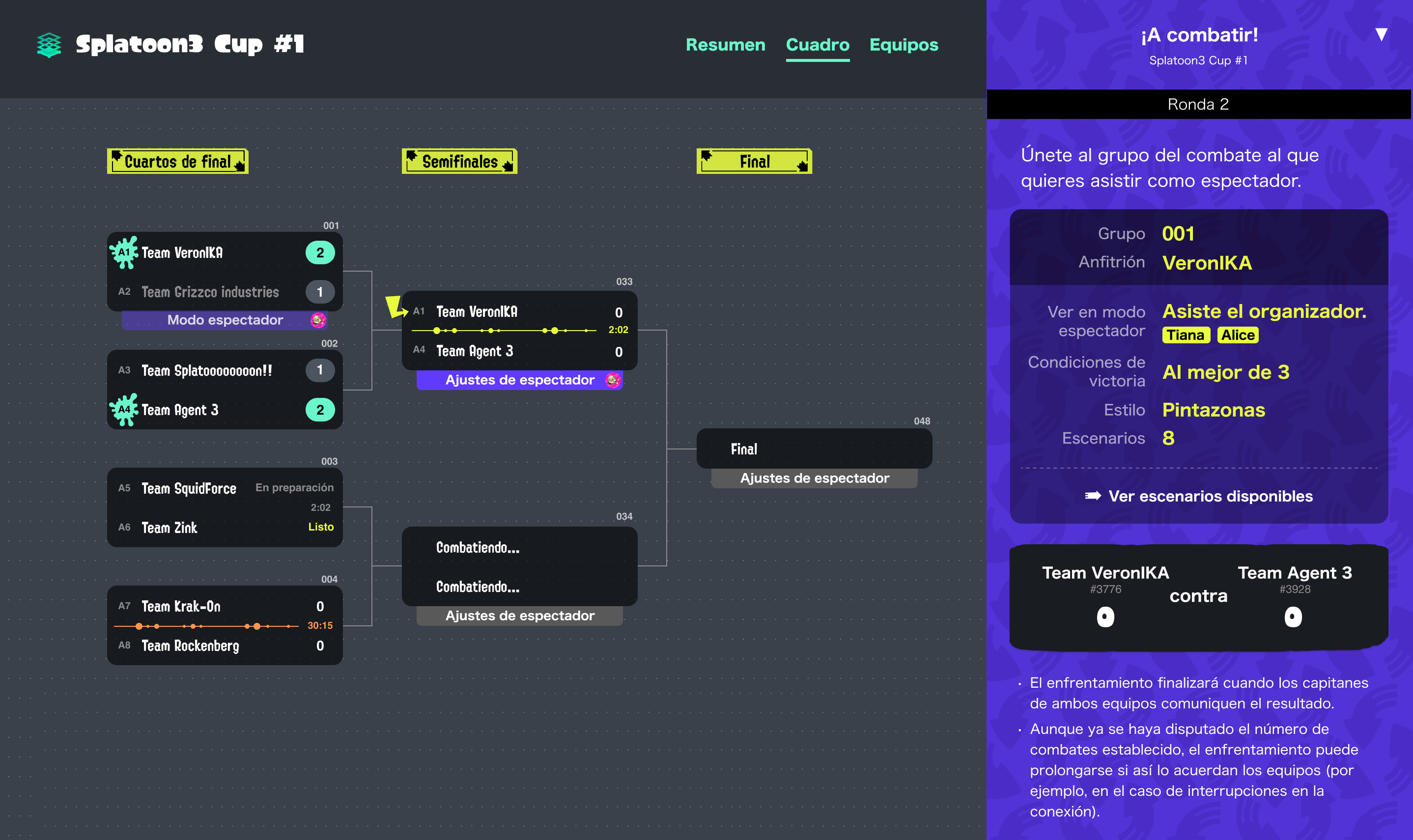 Cuadro del torneo (izquierda) y navegación (derecha) en un navegador