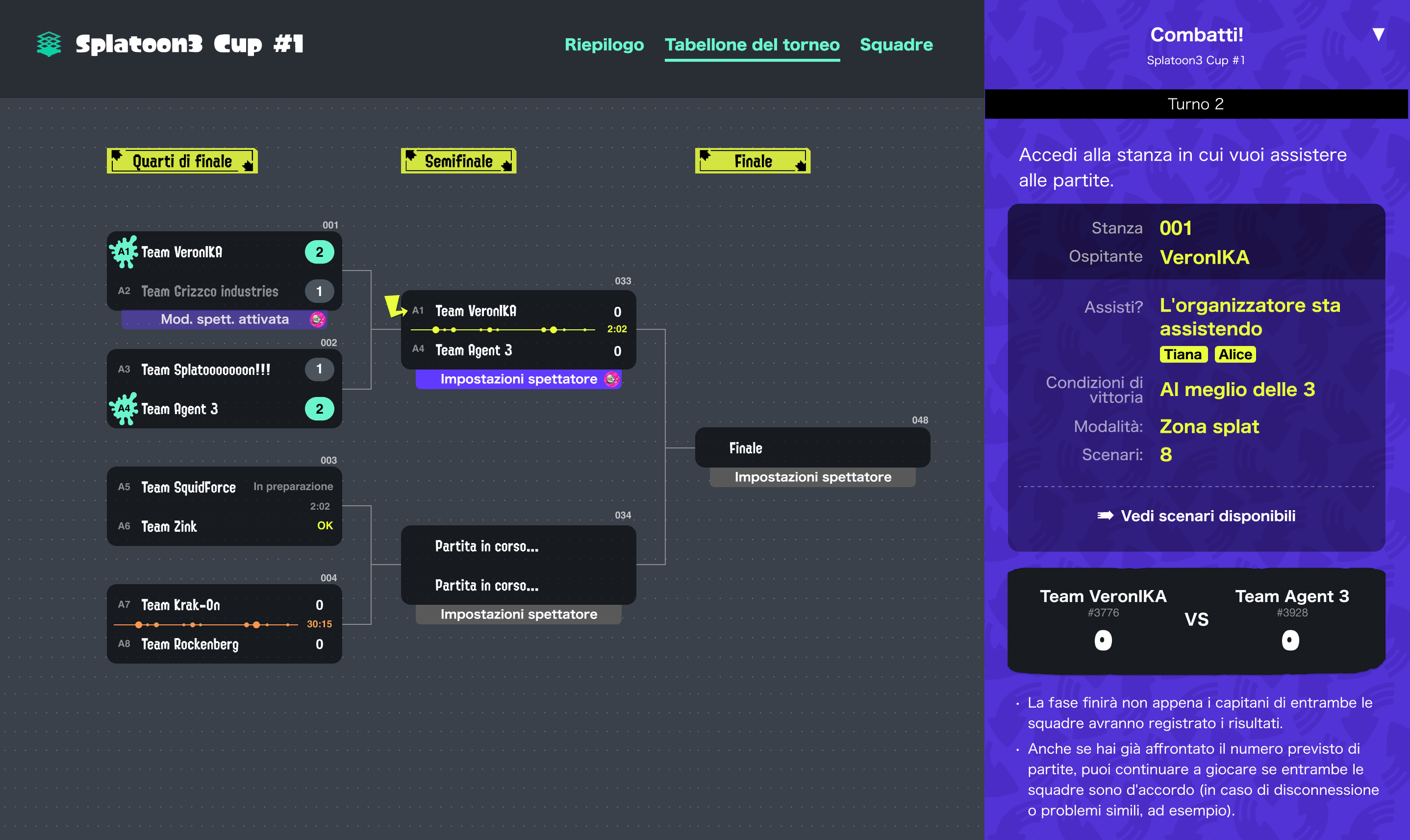 Immagine del tabellone del torneo (sinistra) e della sezione Navigazione (destra) in un browser.