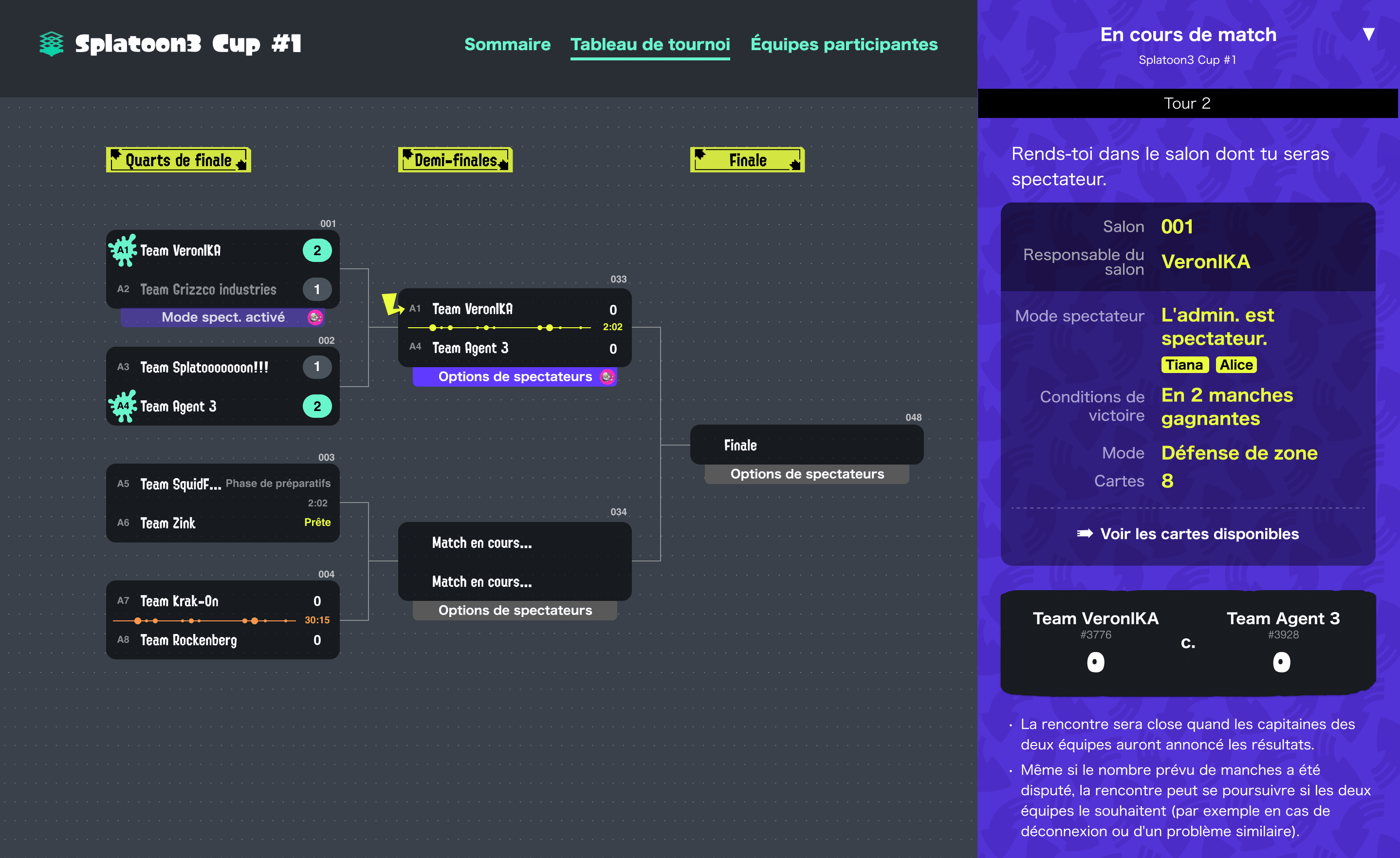 (À gauche : tableau de tournoi. À droite : navigation via un navigateur Internet.)
