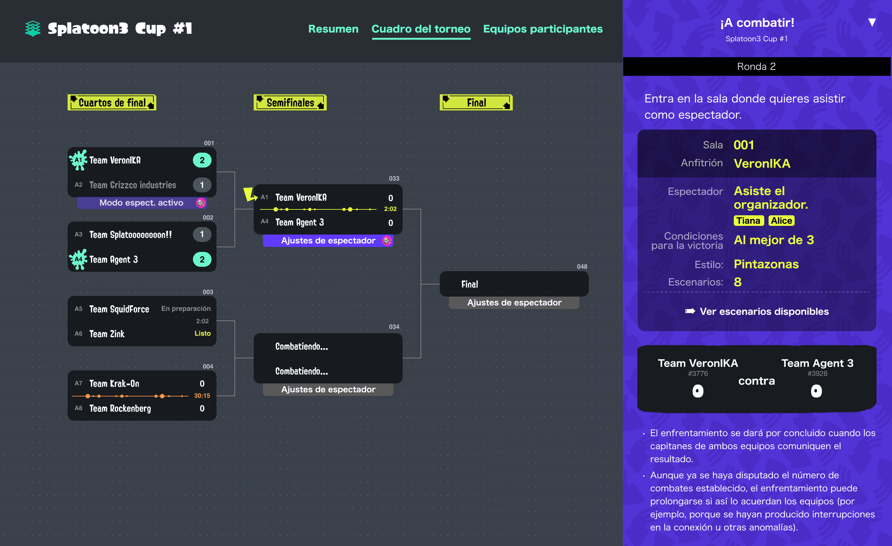 Cuadro del torneo (izquierda) y navegación (derecha)