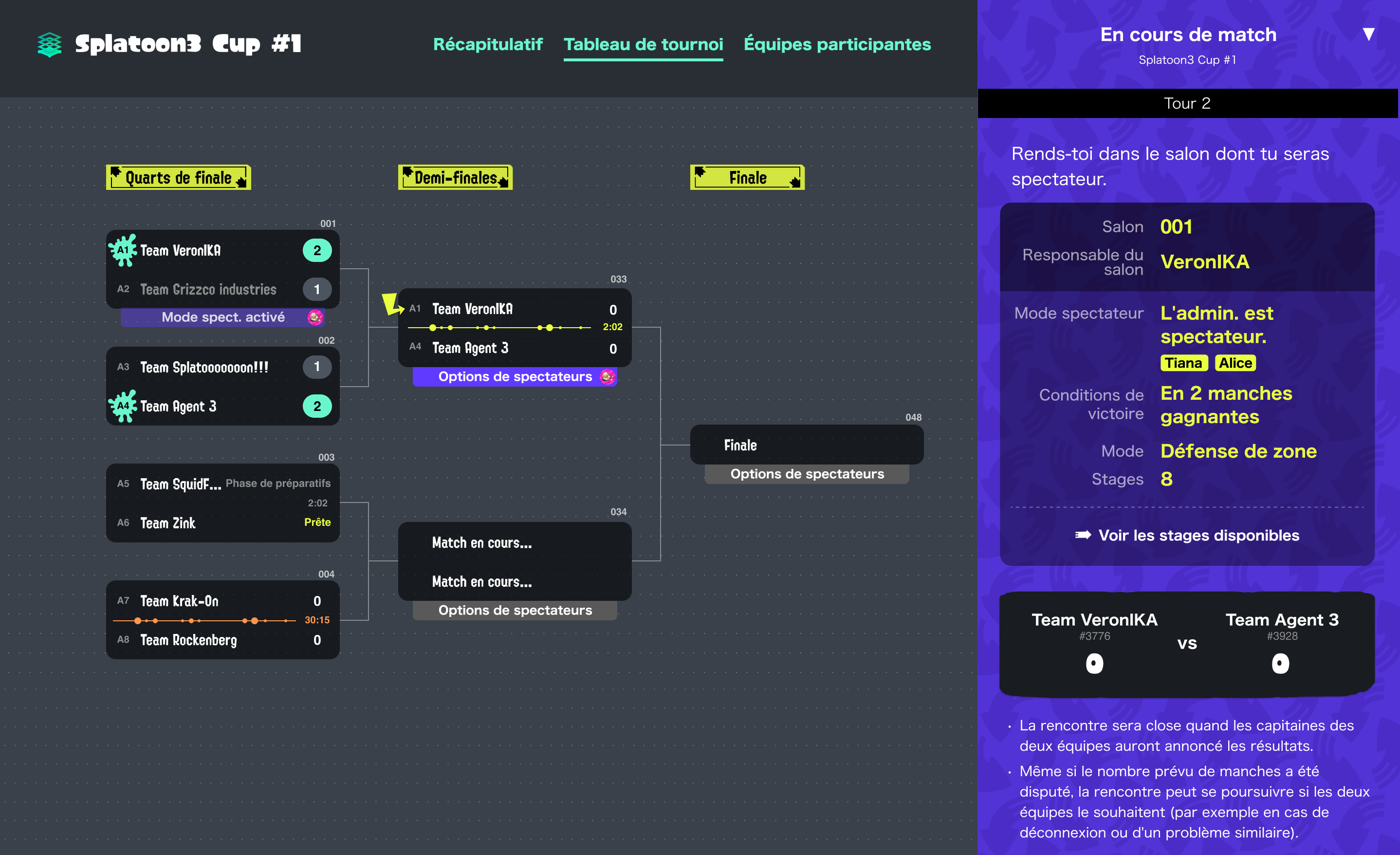(À gauche : tableau de tournoi. À droite : navigation via un navigateur Internet.)
