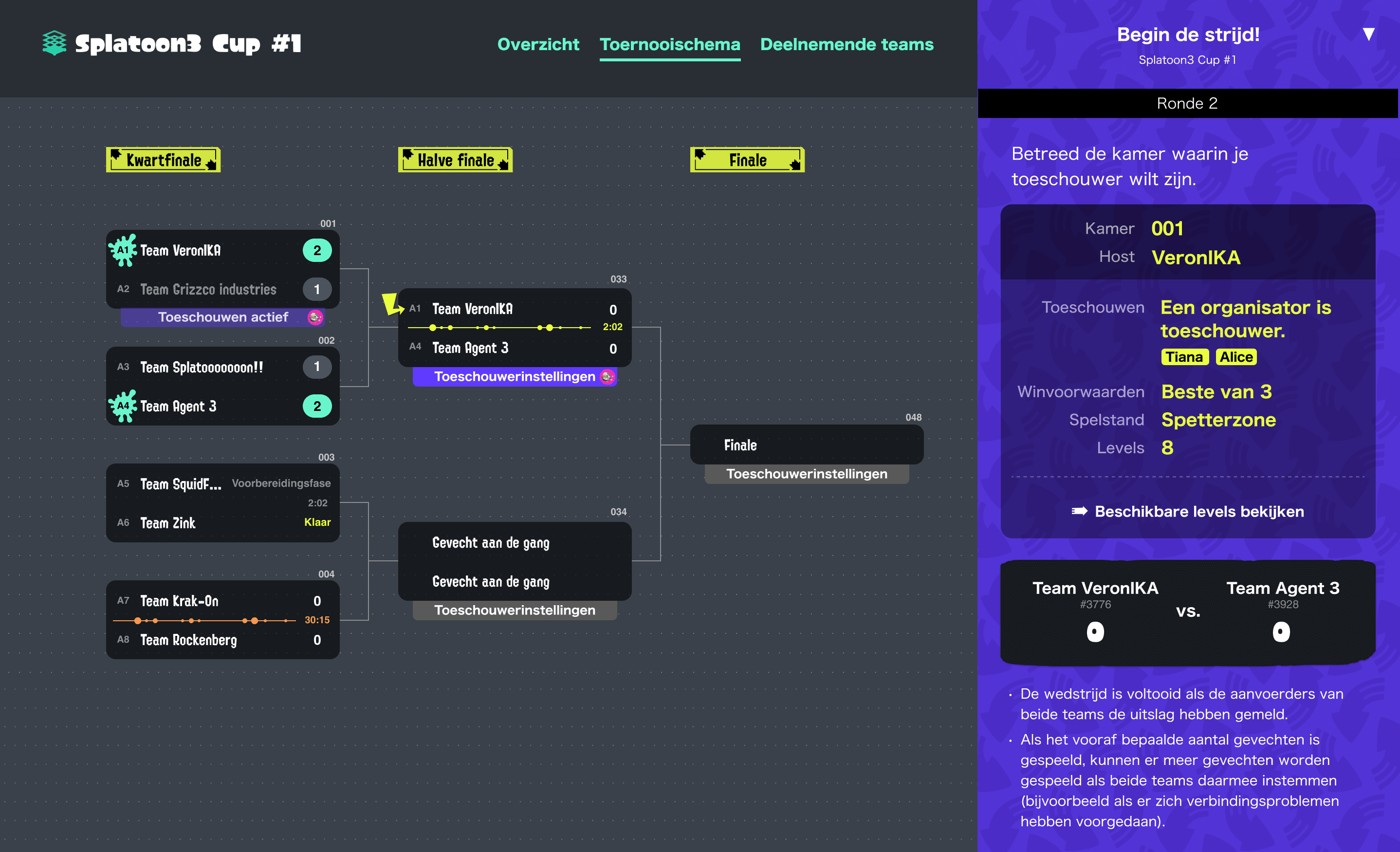 Afbeelding van het toernooischema (links) en beheergedeelte (rechterkant van het scherm) in een webbrowser.