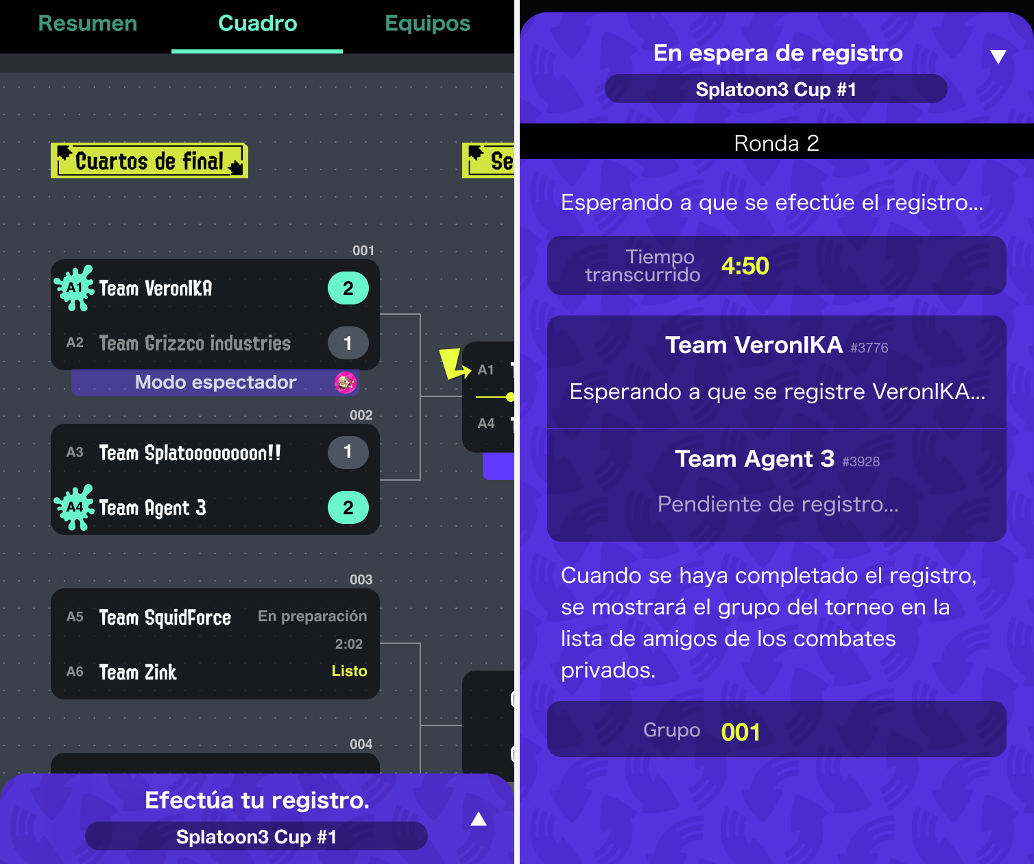 Cuadro del torneo y navegación en un dispositivo inteligente
