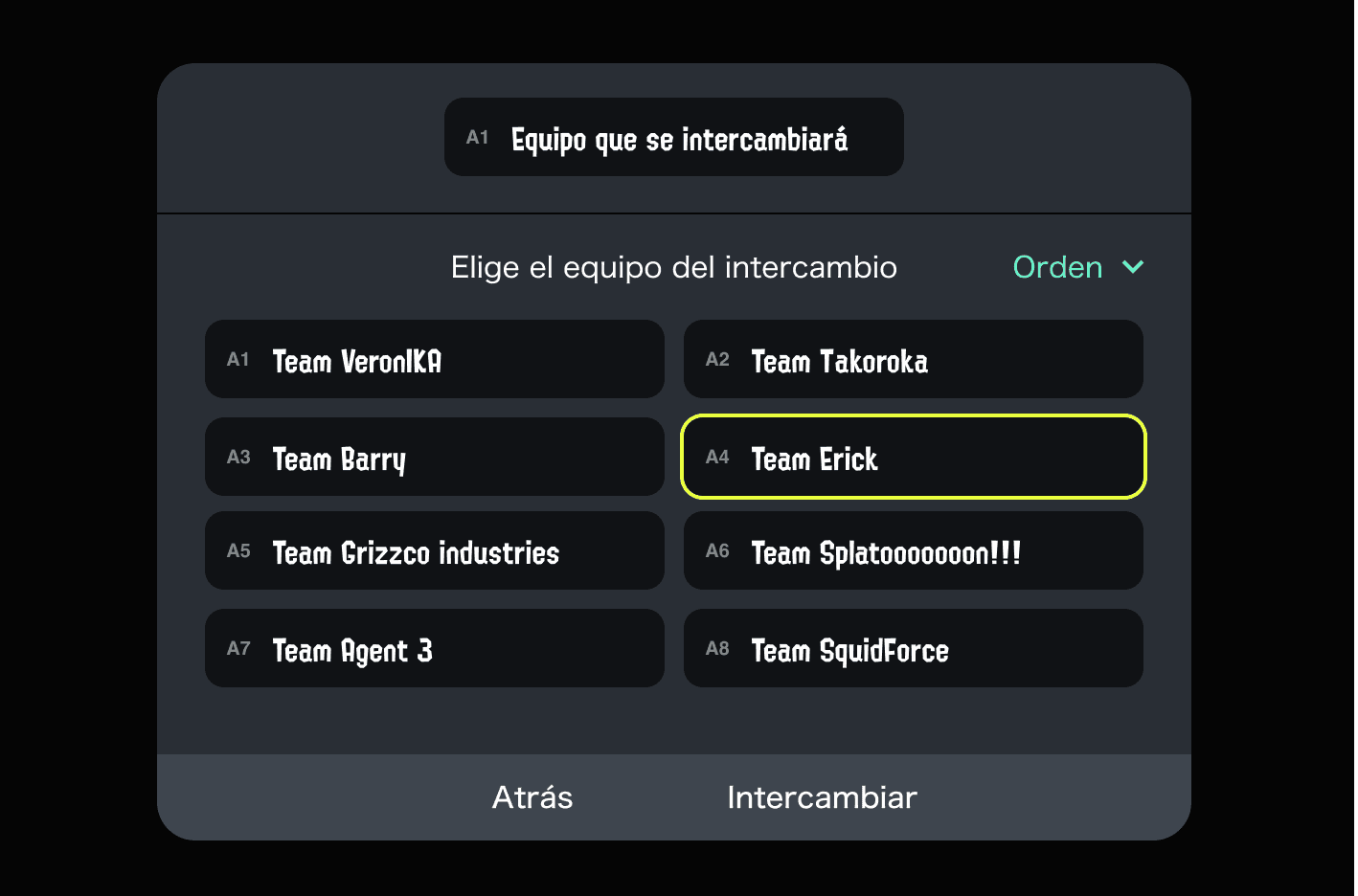 Imagen de la pantalla de intercambiar de equipos