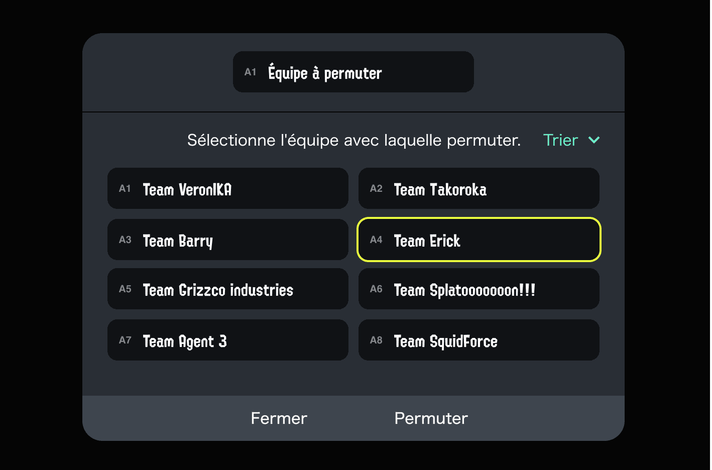 (Écran de permutation des équipes)