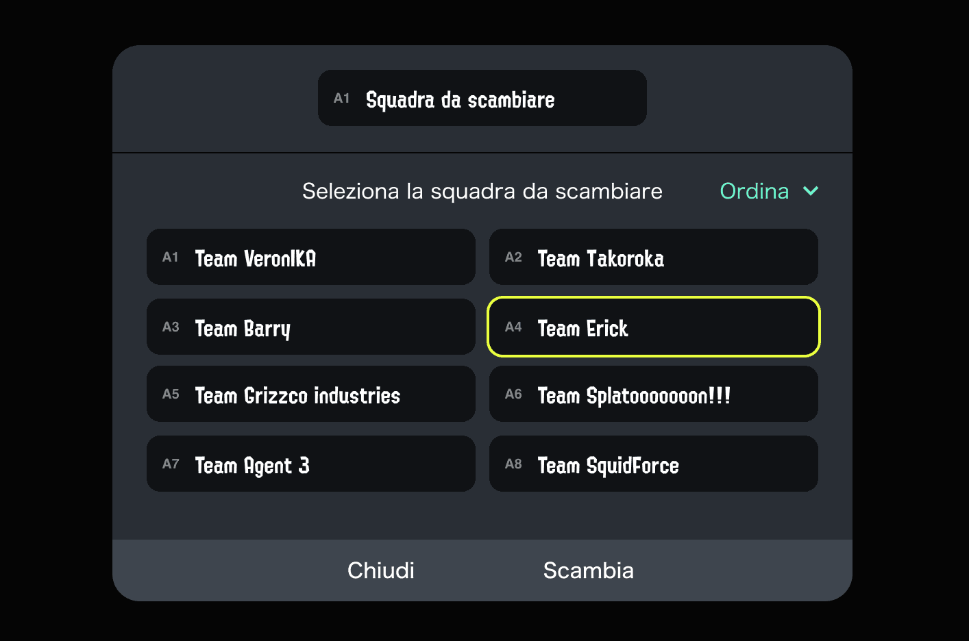 Immagine dello schermo di scambio squadre