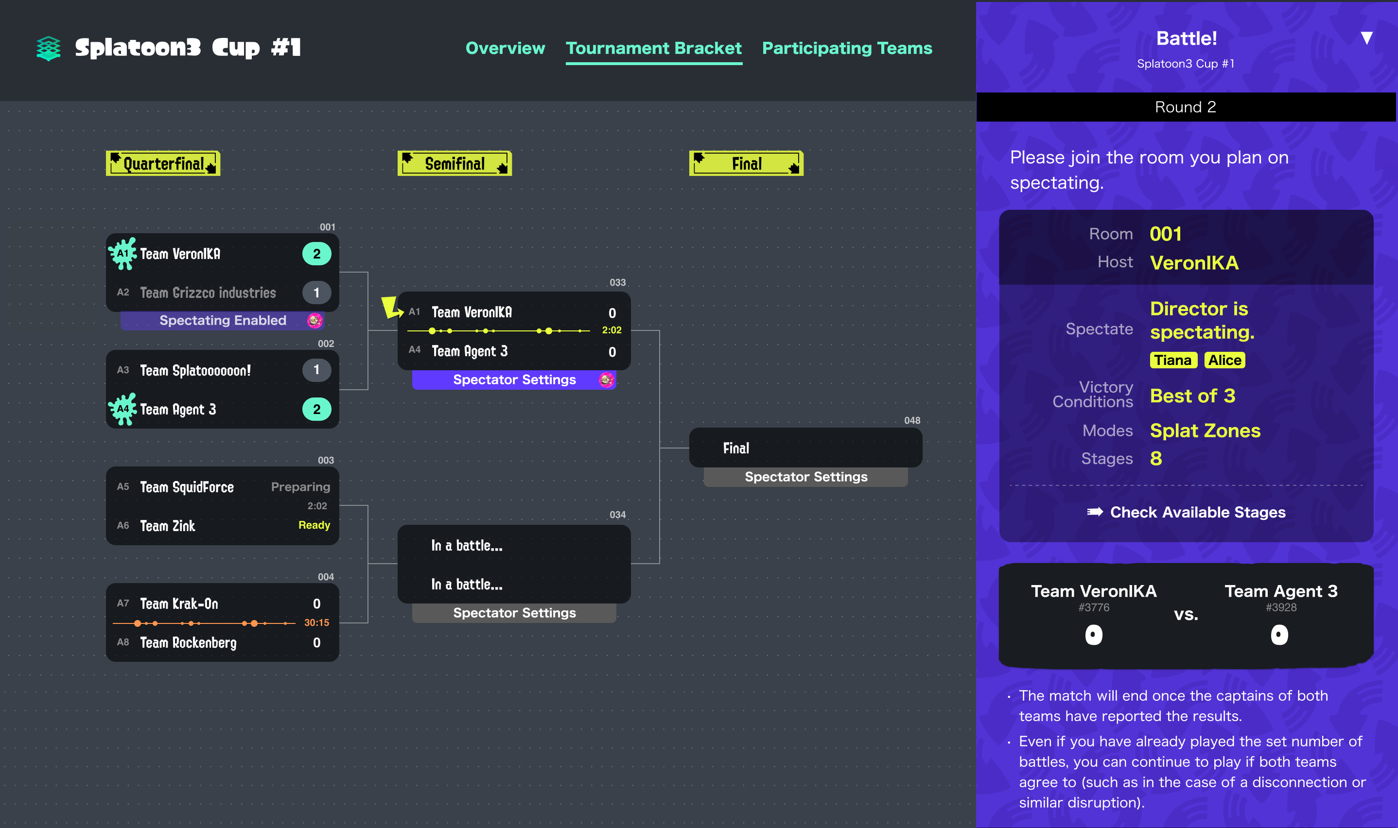 Screenshot of the tournament bracket (left side) and Navigation (right side) on a web browser.