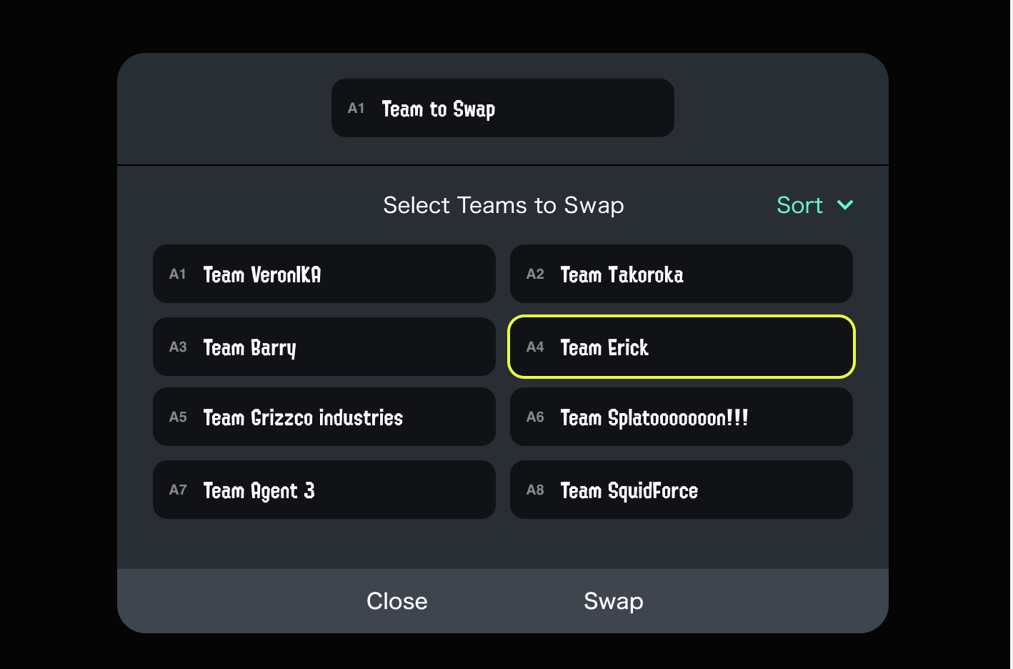 Screenshot of team-swap screen.
